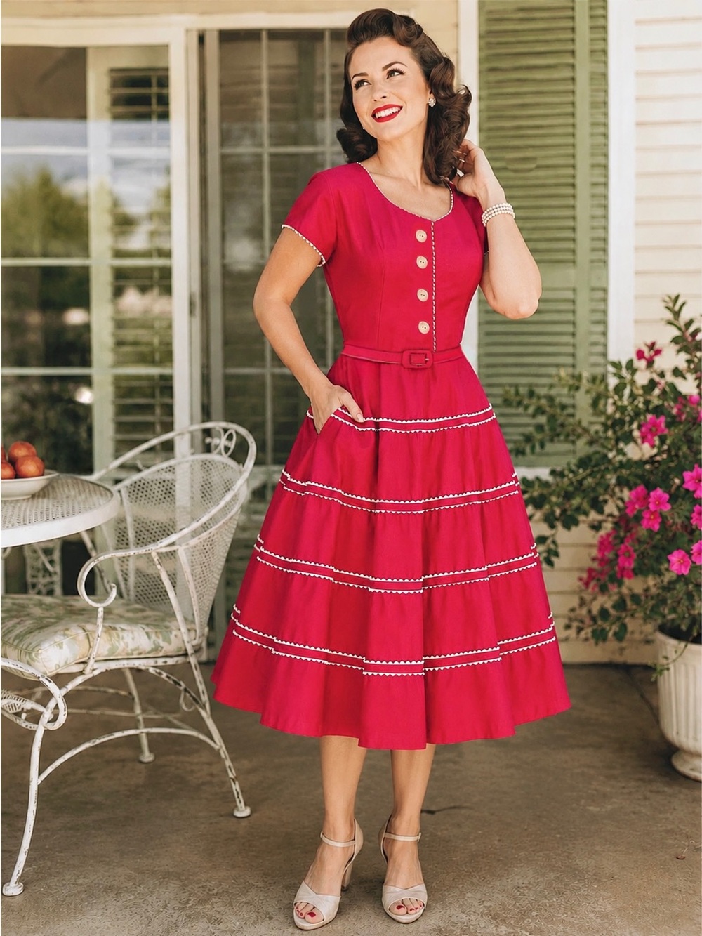 Vintage 1950s Deadstock Patio Dress Rasberry Red Ric Rac Fit Flare NOS USA M 15